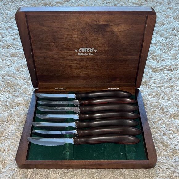 Set of 7 CUTCO Cutlery #1058 Serrated Steak Table Knives & Wood Box USA Knife - Picture 1 of 9